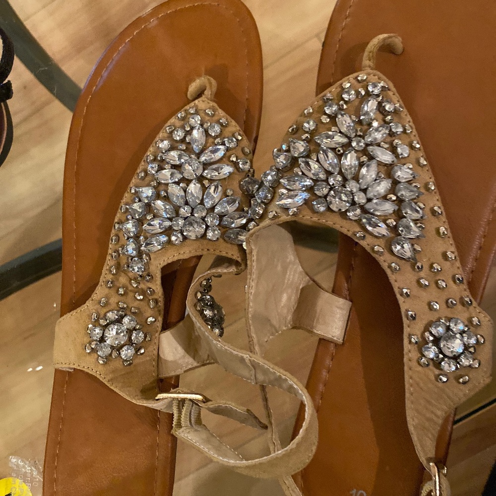 Tan and studs flat sandals size 10